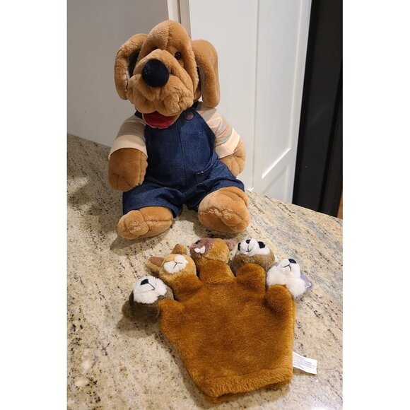 Vintage Ganz Wrinkles The Dog Hand Puppet Plush 16" Overalls & Finger Puppet Lot - Picture 1 of 15